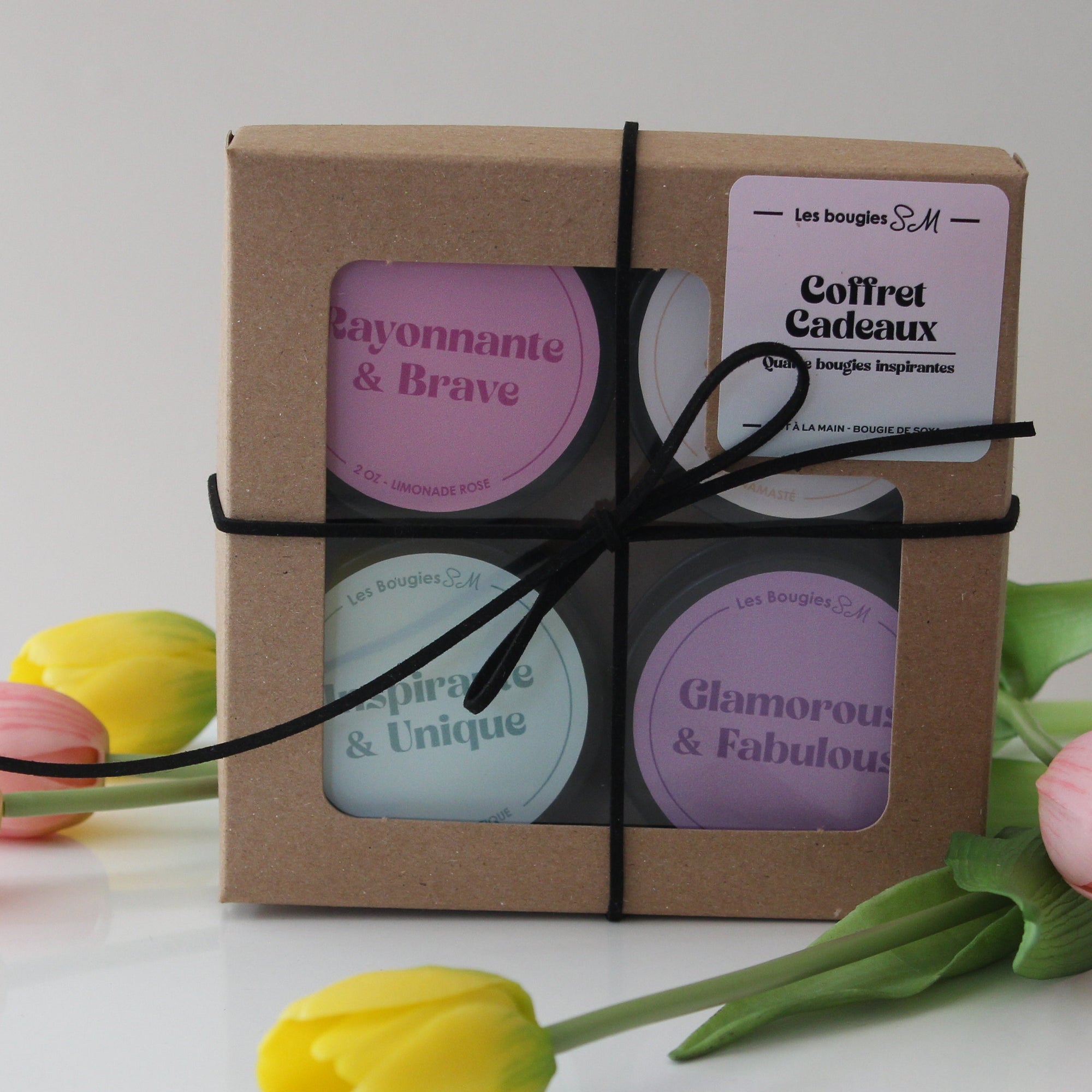 coffret cadeaux , fête des mères , mothers day, candles , bougies , chandelles , 2 oz , qualité , rayonnante & brave , Glamorous & Fabulous, Inspirante & Unique , Patiente & Douce , tulipe , inspirantes , quatre bougies ,