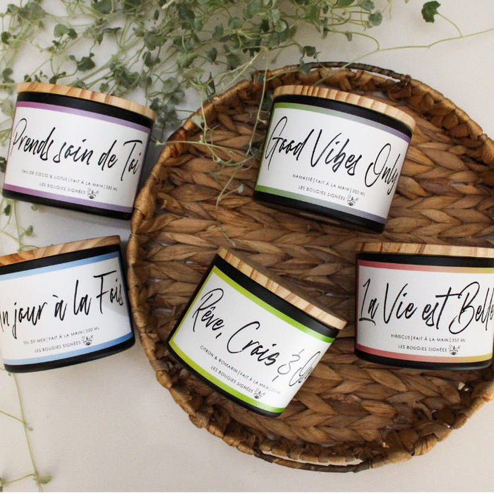 pensee positive , cire de soja , un jour a la fois , sel de mer , collection bougies, chandelles , candles